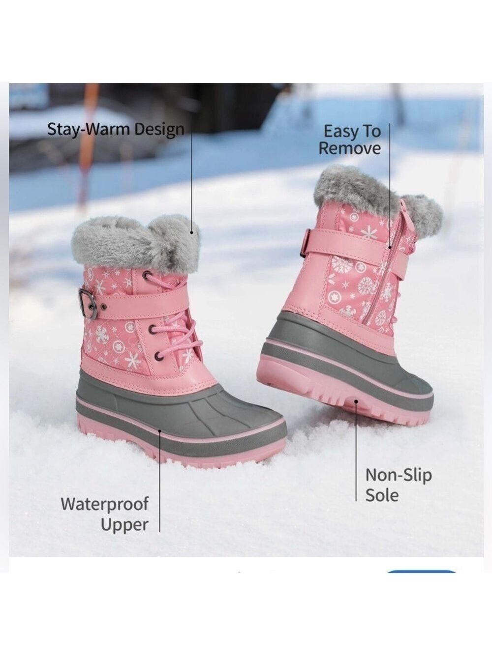 Pink and Gray Snow Boots with Fur Trim - Picture 2 of 6